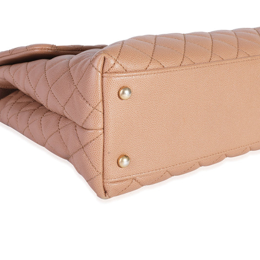 CHANEL Beige Quilted Caviar & Burgundy Lizard Large Coco Handle Flap Bag