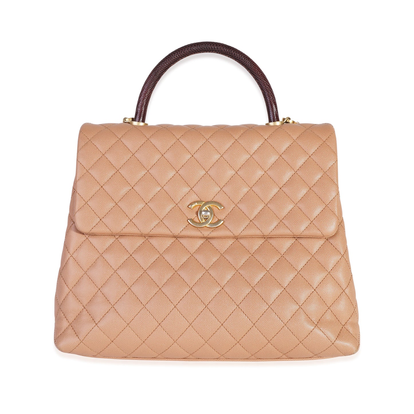 CHANEL Beige Quilted Caviar & Burgundy Lizard Large Coco Handle Flap Bag