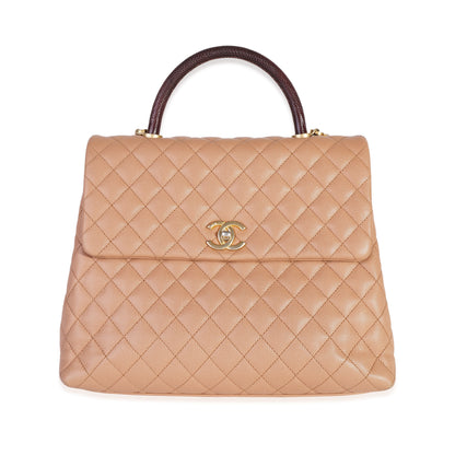 CHANEL Beige Quilted Caviar & Burgundy Lizard Large Coco Handle Flap Bag