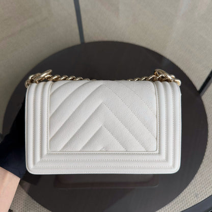 Chanel Boy Small - Caviar 20CM Chevron Cream White Gold Hardware Series 29