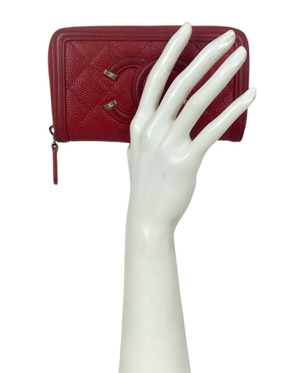 Chanel Caviar Red Filigree Zip Around Wallet