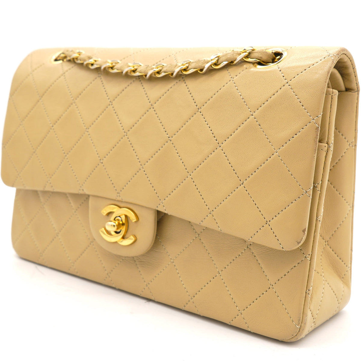 Beige Quilted Lambskin Leather Medium Classic Vintage Double Flap Shoulder Bag
