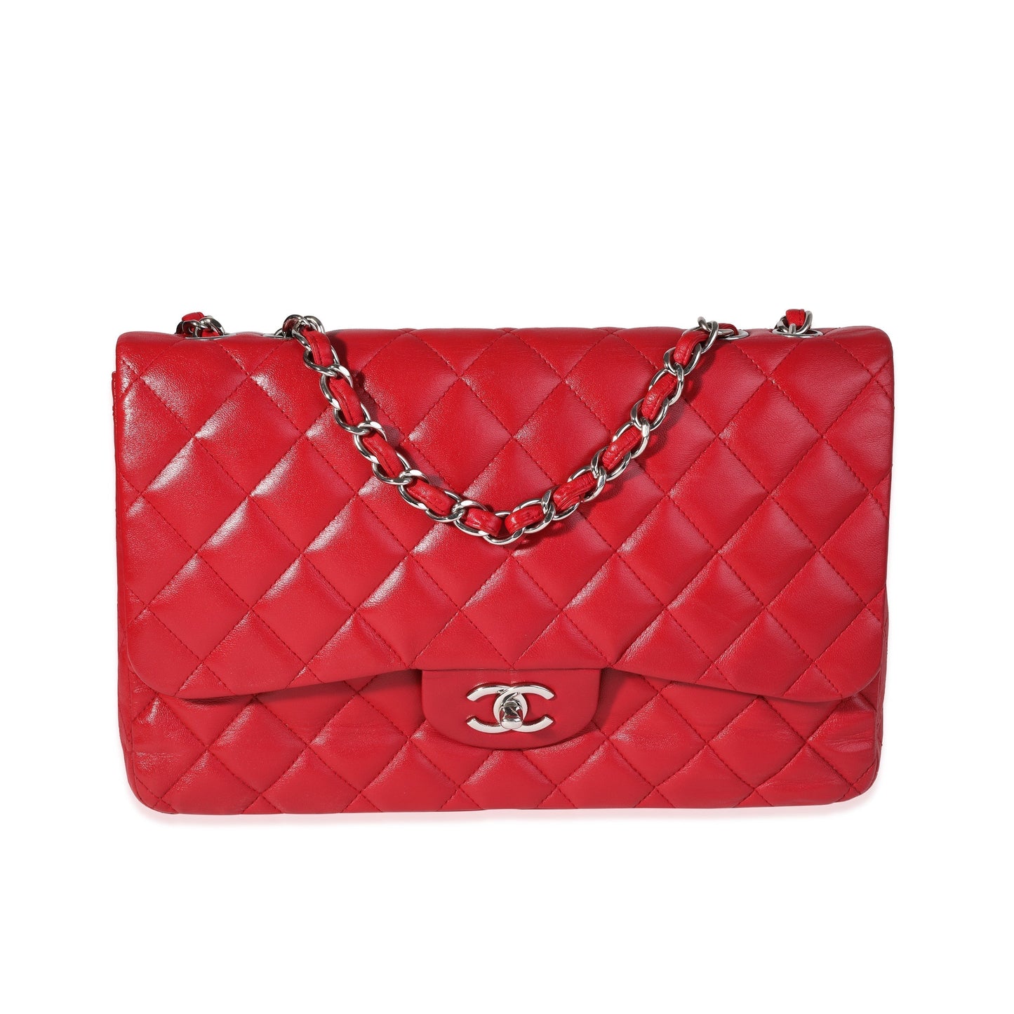 Chanel Red Quilted Lambskin Jumbo Classic Single Flap Bag