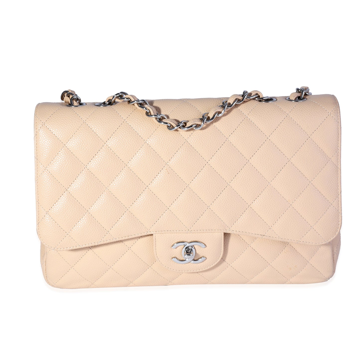 CHANEL Beige Quilted Caviar Jumbo Classic Single Flap Bag