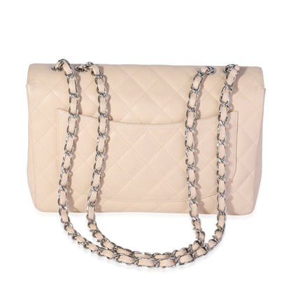 Beige Quilted Caviar Jumbo Classic Single Flap Bag