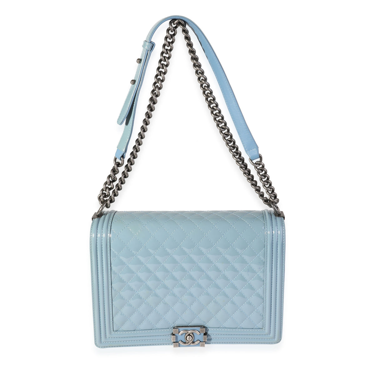 Light Blue Quilted Patent Leather Large Boy Bag