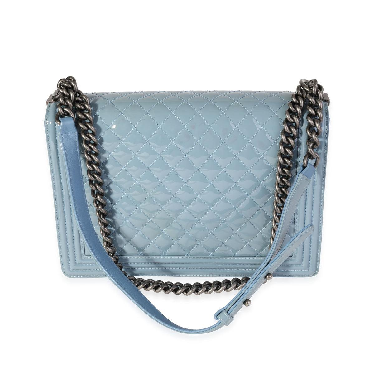 Light Blue Quilted Patent Leather Large Boy Bag
