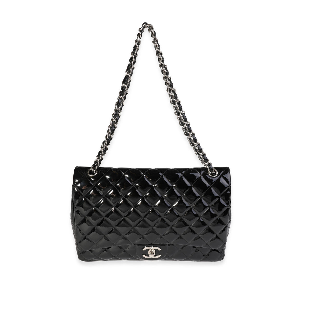Chanel Black Quilted Patent Leather Maxi Classic Double New Bag