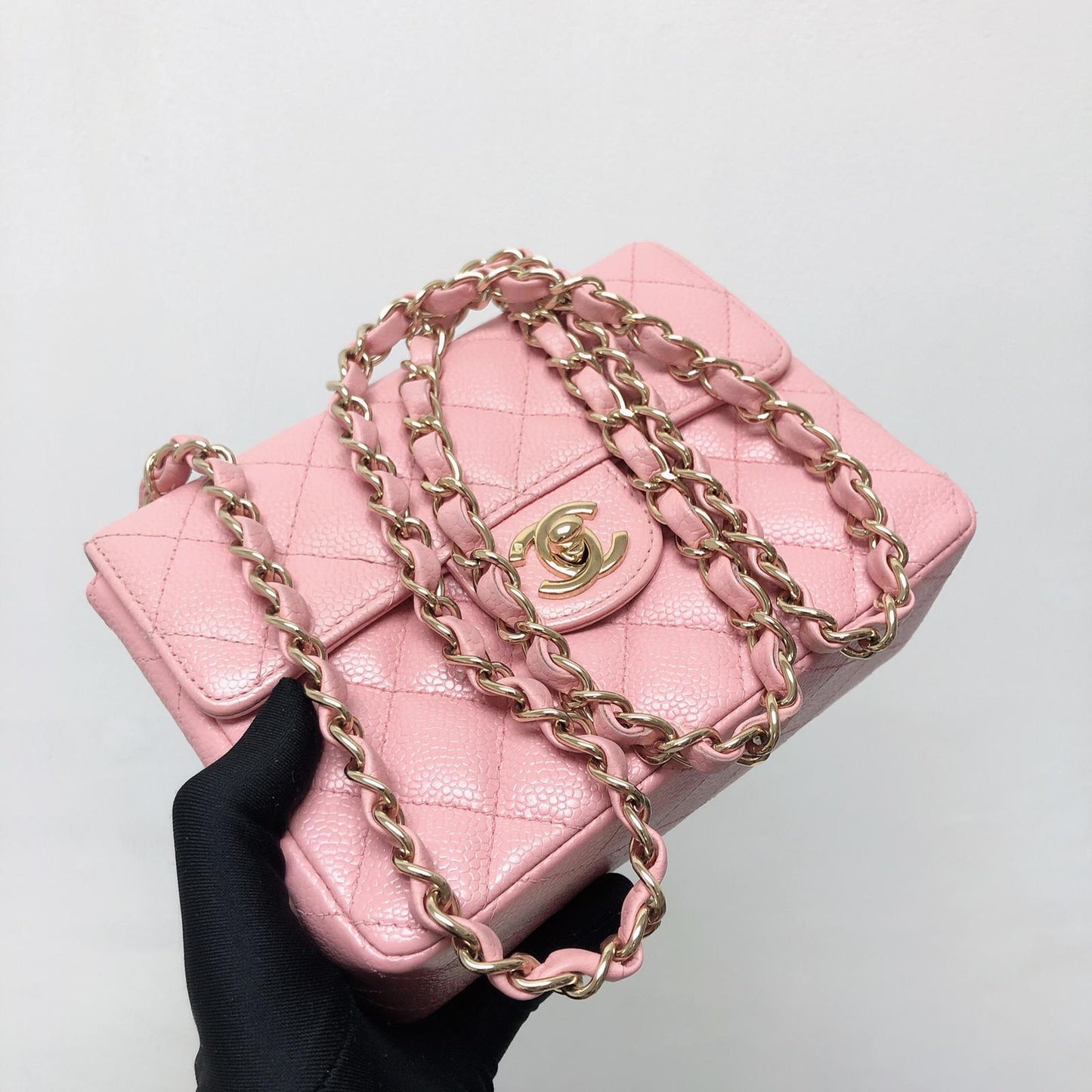 Vintage Mini Square Flap Bag in Pink Quilted Caviar Leather GHW