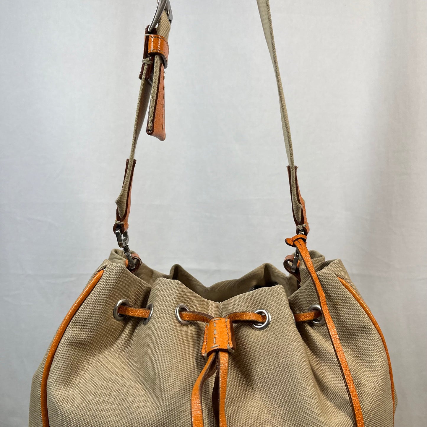 Prada Leather & Canvas Drawstring Orange Bucket Bags TS3776