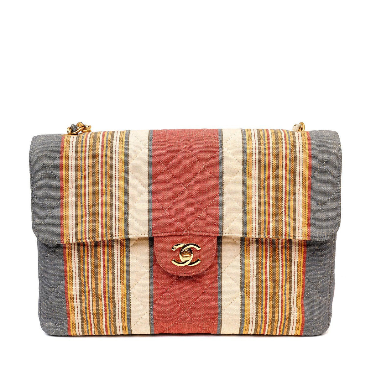 Chanel Striped Pique Cloth Maxi Classic w/ Gold Hardware