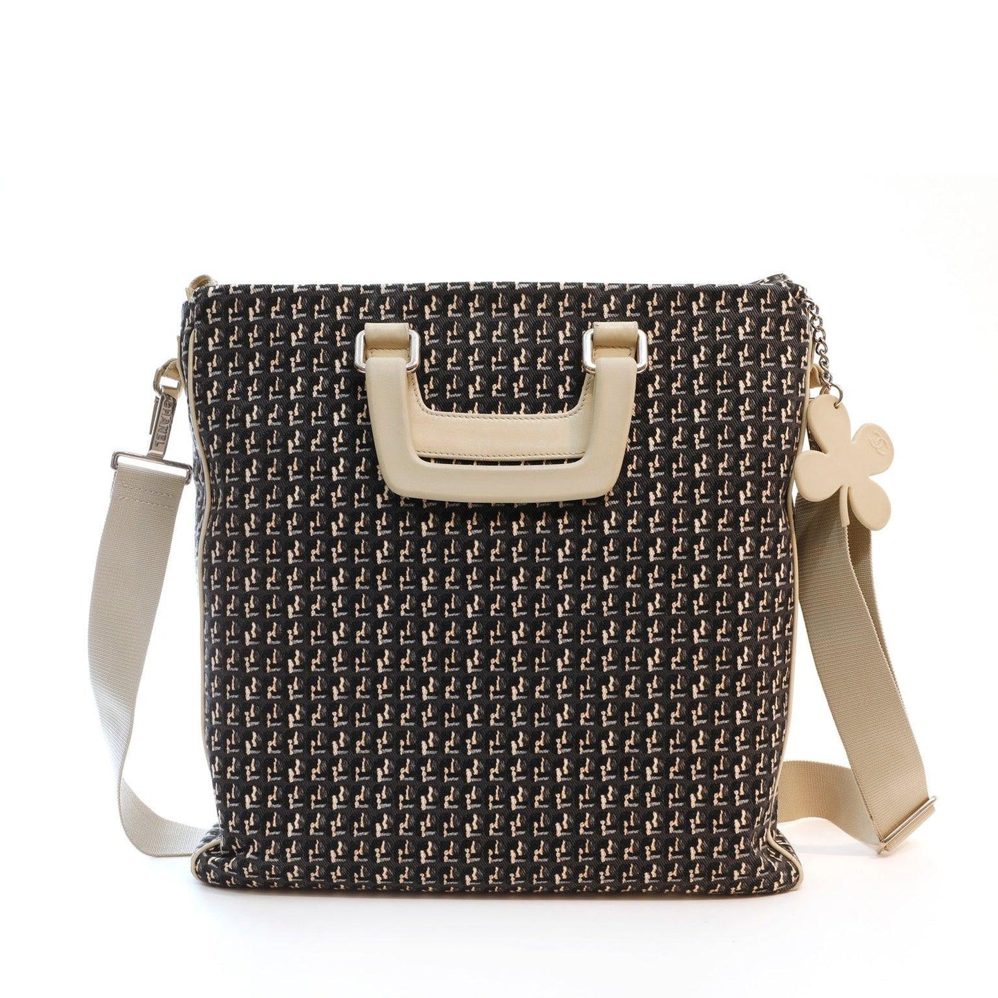 Chanel Black & Beige Canvas Tote w/ Clover Charm