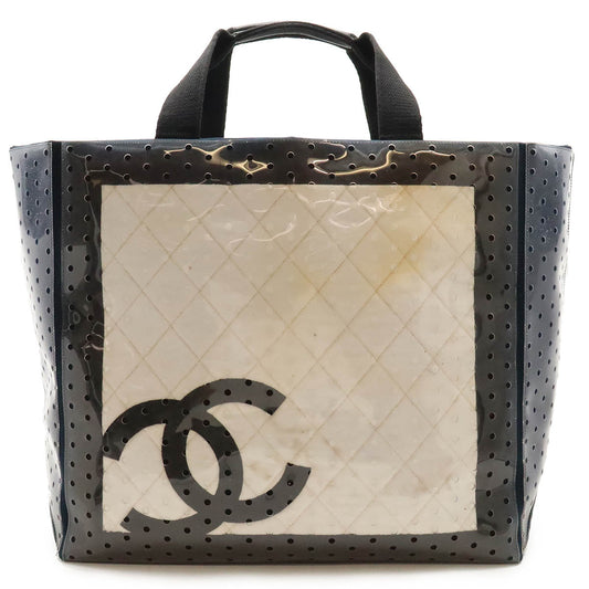 Chanel Sports Line Coco Mark Punching Large Tote Bag 2way Vinyl Canvas Navy White