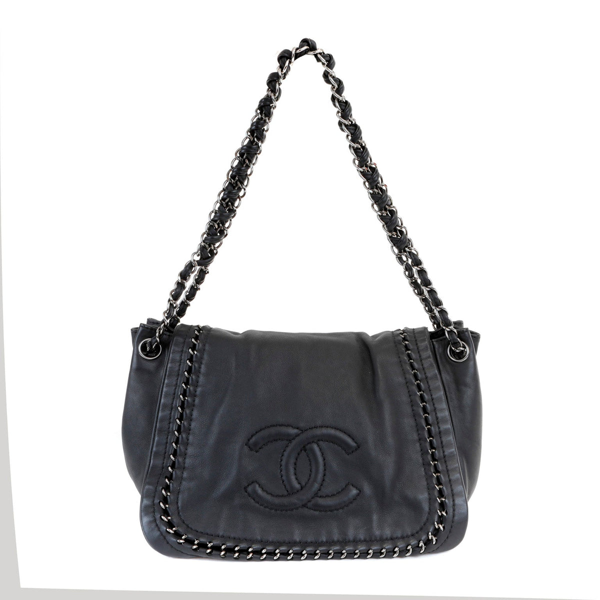 Chanel Black Lambskin Flap Bag with All Around Silver Chain