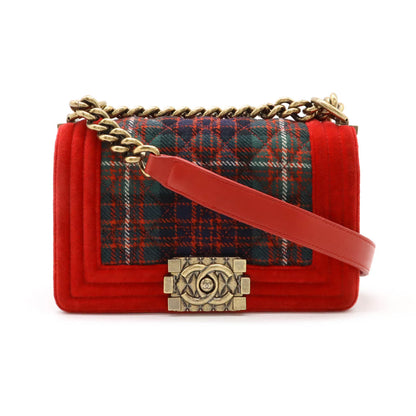 Chanel Velour Matelasse Boy Chanel Check Chain Shoulder Bag Red Green