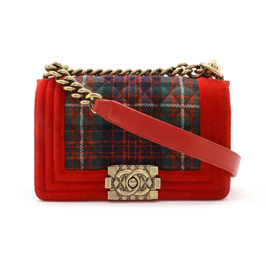 Chanel Velour Matelasse Boy Chanel Check Chain Shoulder Bag Red Green