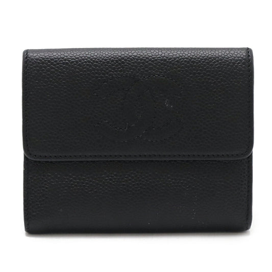 Chanel Caviar Skin Coco Mark Tri-fold Wallet Black Gold Hardware