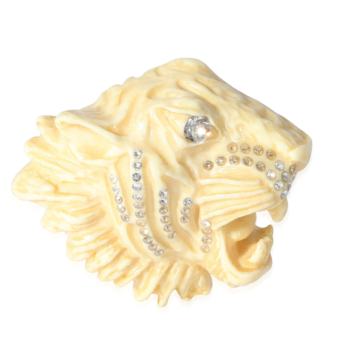 GUCCI Alessandro Michele Cream Resin & Crystal Tigers Head Brooch, 2 3/4 Wide"