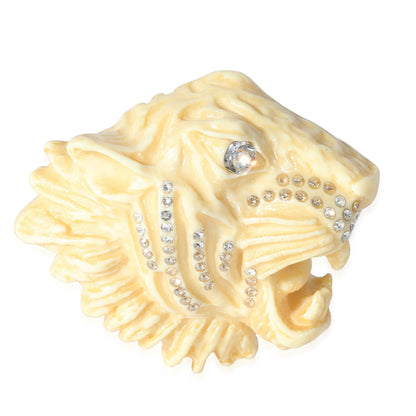 GUCCI Alessandro Michele Cream Resin & Crystal Tigers Head Brooch, 2 3/4 Wide"