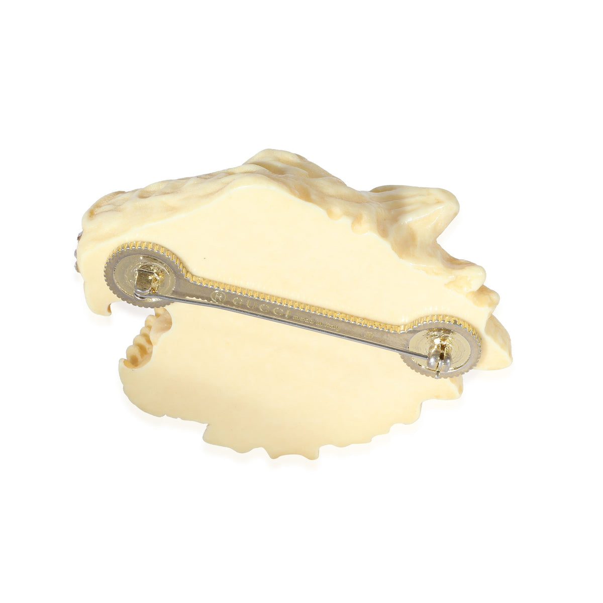 GUCCI Alessandro Michele Cream Resin & Crystal Tigers Head Brooch, 2 3/4 Wide"