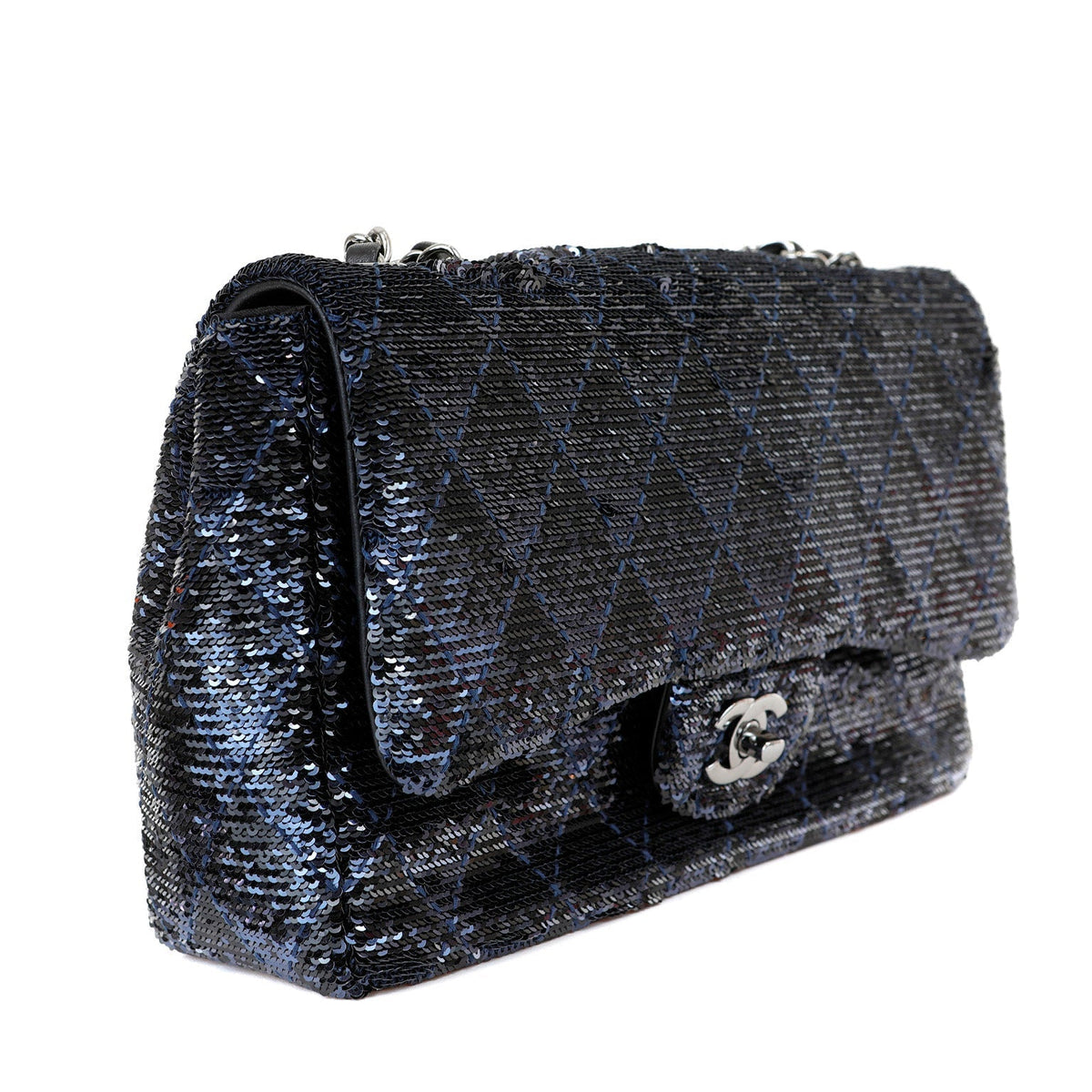 Chanel Black/Navy Sequin Classic Flap Bag w/ Silver Hardware