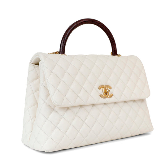 Chanel White Caviar Coco Bag w/ Lizard Skin Handle & Gold Hardware