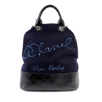Chanel Navy Blue Felt Bowler Bag w/ CC Embroidery