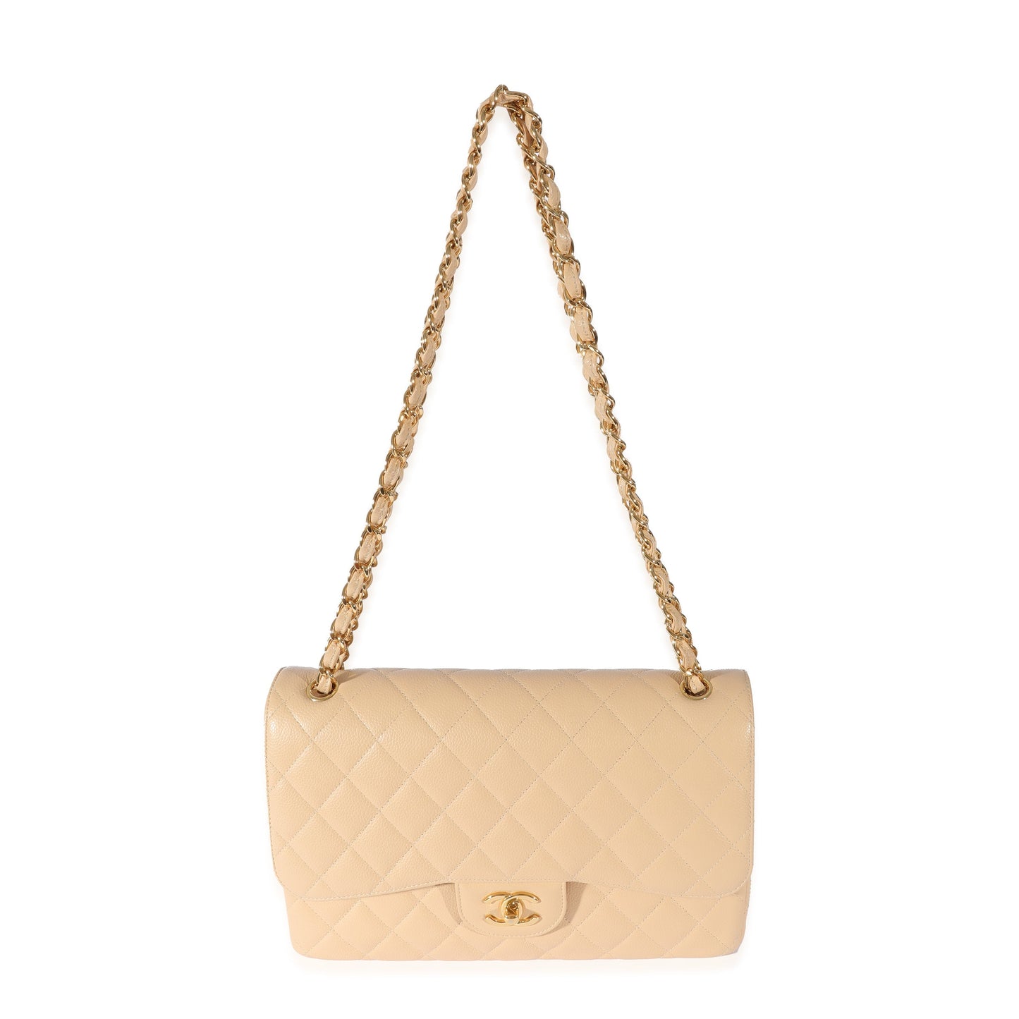 CHANEL Beige Quilted Caviar Jumbo Classic Double Flap Bag