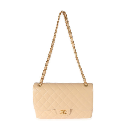 CHANEL Beige Quilted Caviar Jumbo Classic Double Flap Bag