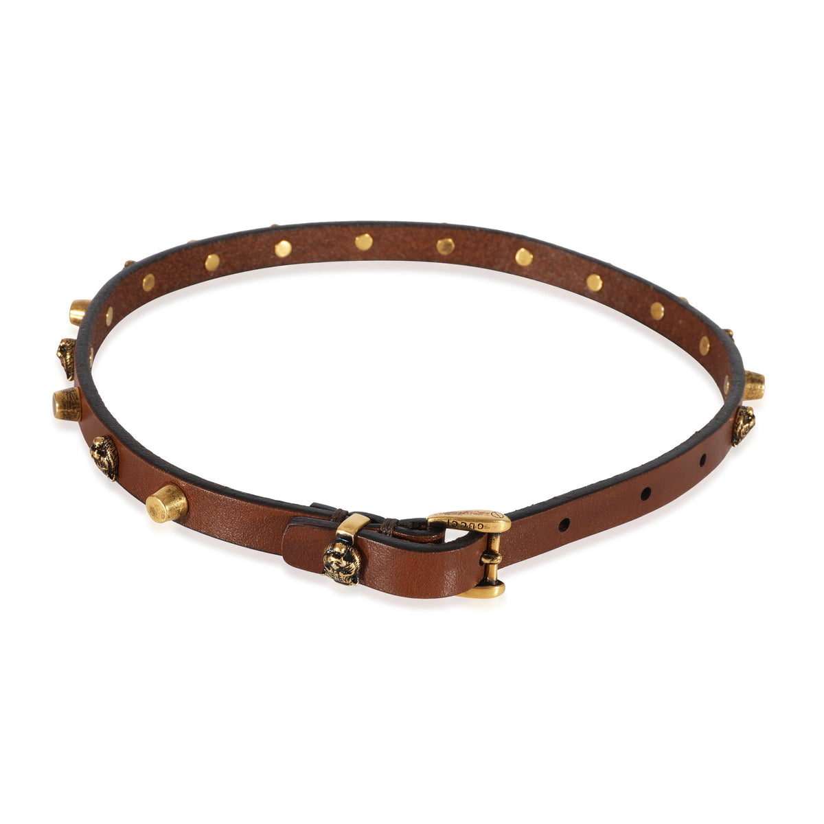 GUCCI Brown Leather Feline Head Studded Gold Tone Choker