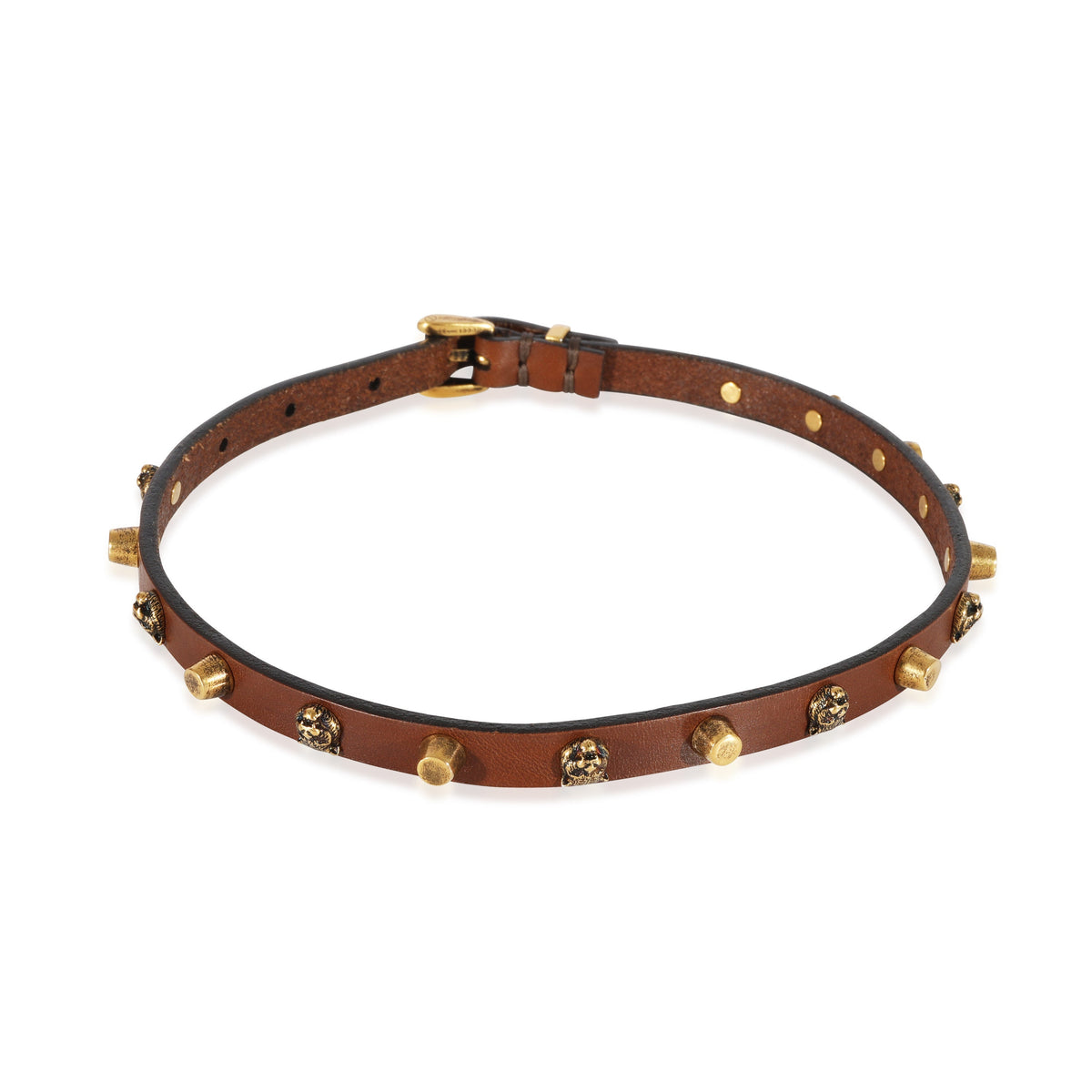 GUCCI Brown Leather Feline Head Studded Gold Tone Choker