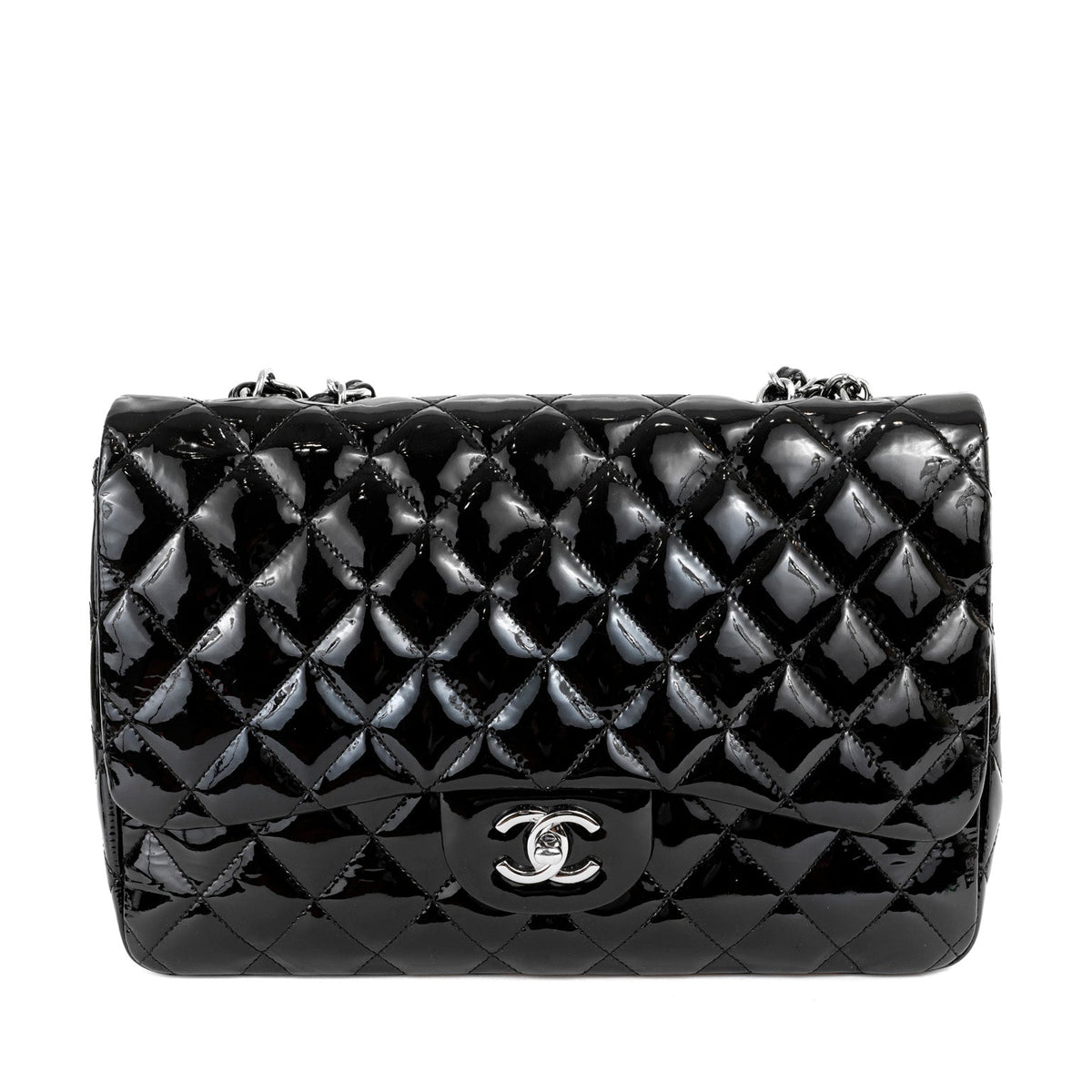 Chanel  Black Patent Leather Jumbo Classic with Silver Hardware