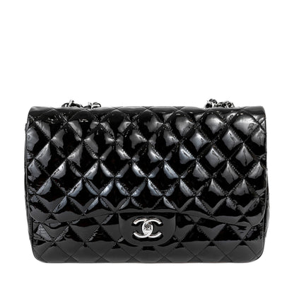 Chanel  Black Patent Leather Jumbo Classic with Silver Hardware