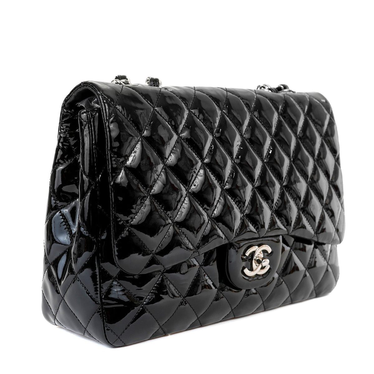 Chanel  Black Patent Leather Jumbo Classic with Silver Hardware