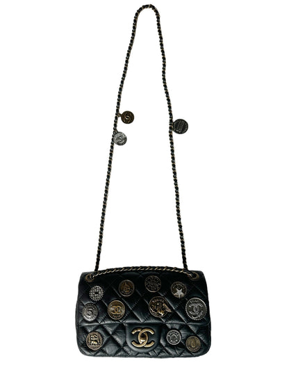 Chanel Black Calfskin Leather Quilted World Coin Charm Flap Bag