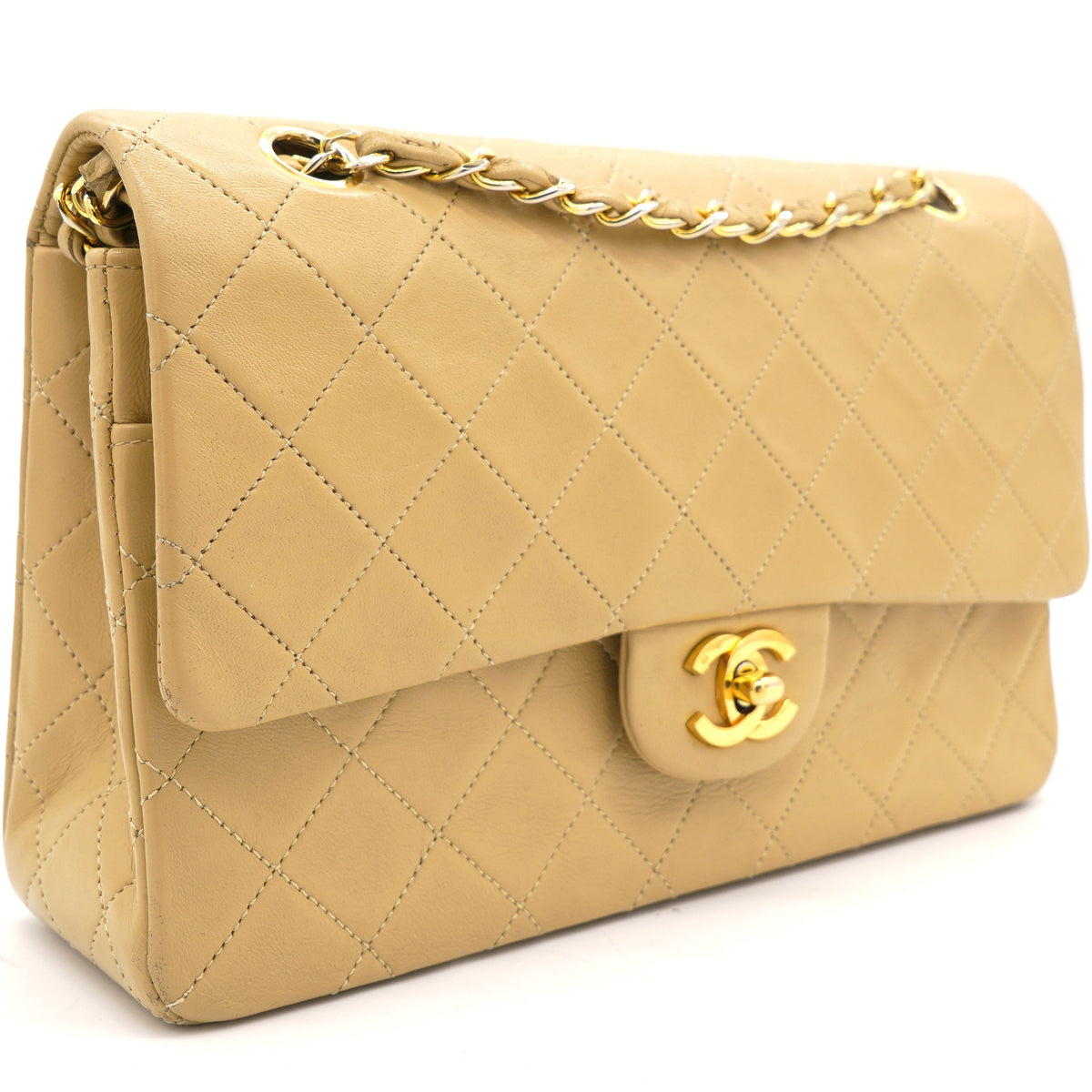 Beige Quilted Lambskin Leather Medium Classic Vintage Double Flap Shoulder Bag