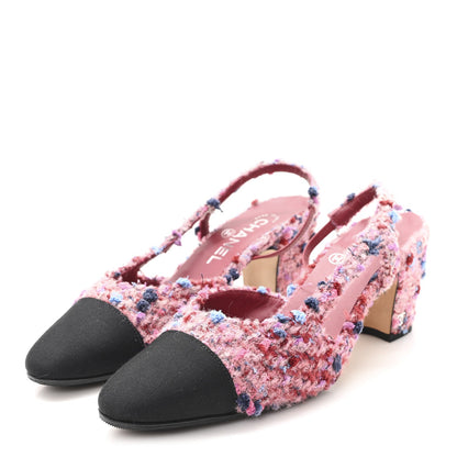 Tweed Grosgrain Cap Toe CC Slingback Pumps 36.5 Pink Black