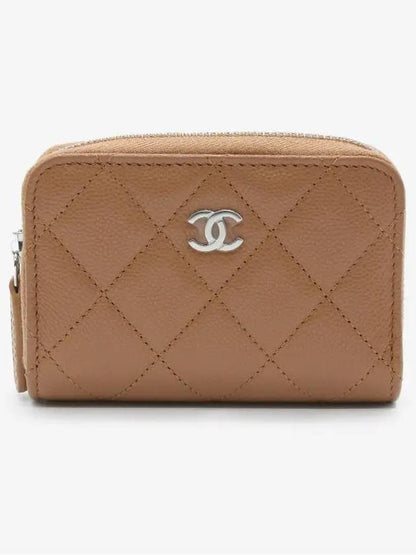 Silver Logo Zipper Caviar Card Wallet Camel Chanel