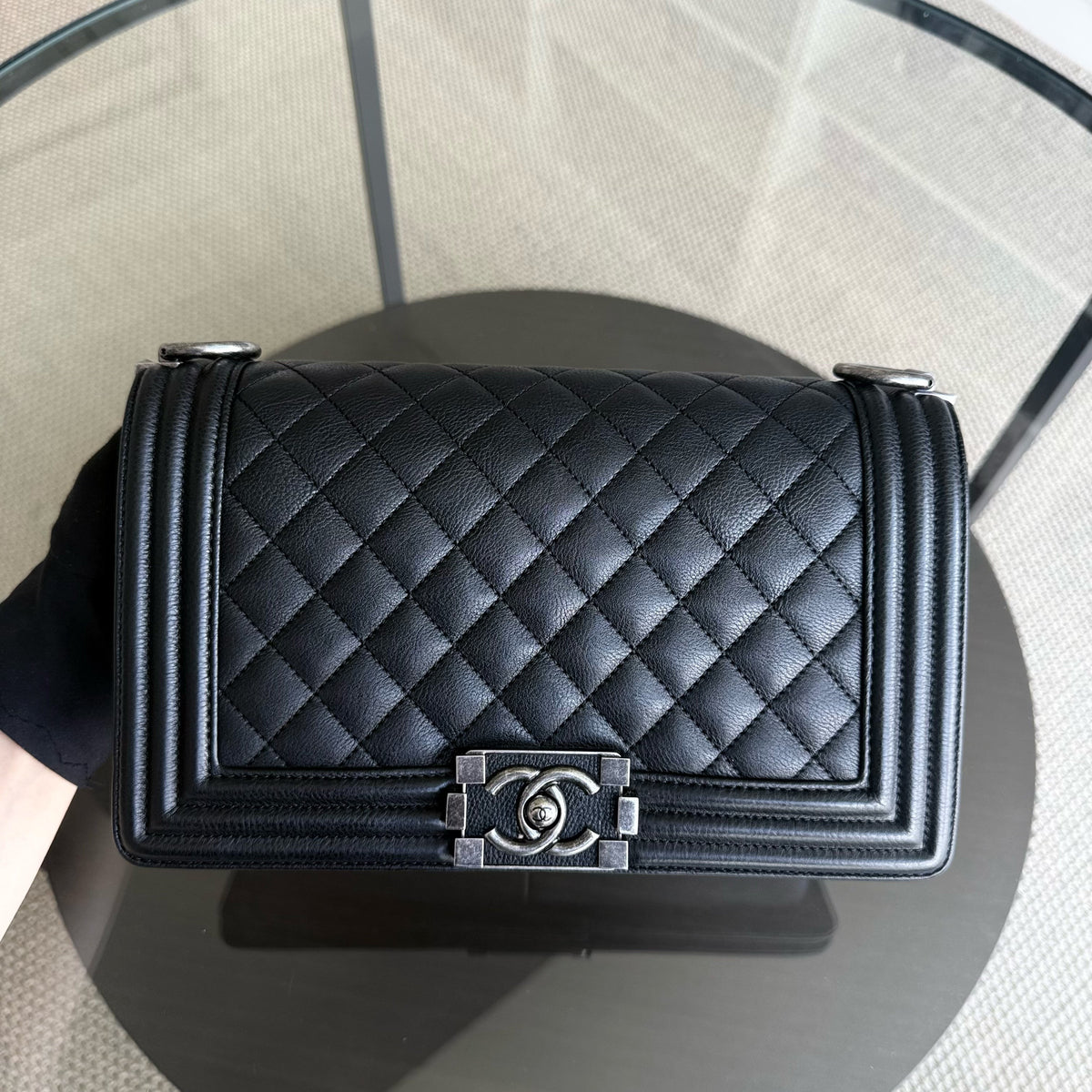 Chanel Boy Medium - Grained Calfskin 25CM Quilted Black Ruthenium Silver Hardware Series 23