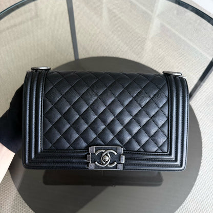 Chanel Boy Medium - Grained Calfskin 25CM Quilted Black Ruthenium Silver Hardware Series 23