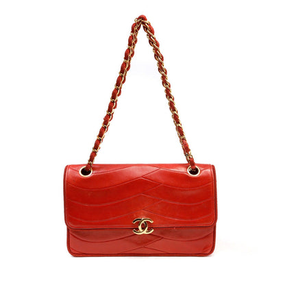 Chanel Red Leather Scallop Quilted Flap Bag