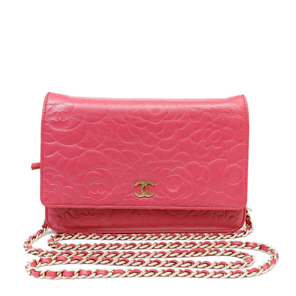 Chanel Rose Pink Camellia Imprinted Wallet on Chain w/ Gold Hardware