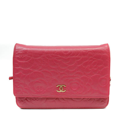 Chanel Rose Pink Camellia Imprinted Wallet on Chain w/ Gold Hardware