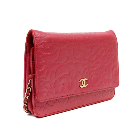 Chanel Rose Pink Camellia Imprinted Wallet on Chain w/ Gold Hardware