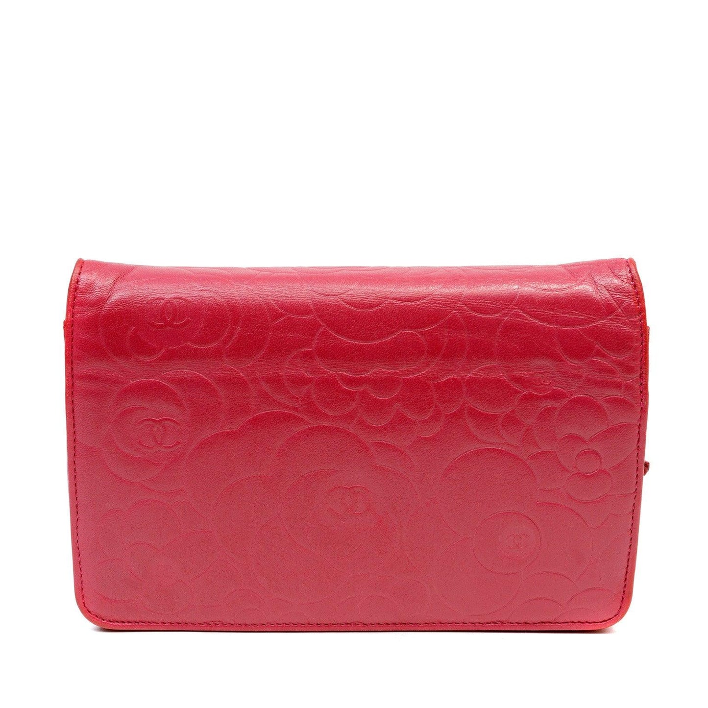 Chanel Rose Pink Camellia Imprinted Wallet on Chain w/ Gold Hardware