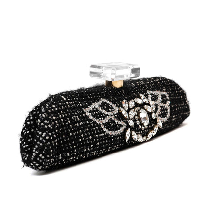 Chanel Runway 1990s Rhinestone Perfume Bottle Black Tweed/Leather Clutch