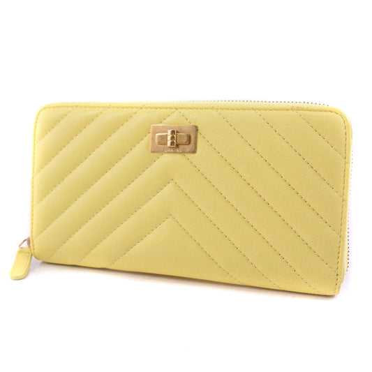 CHANEL Long Wallet Purse leather yellow 23rd generation Vstitch Zip Around Women Used