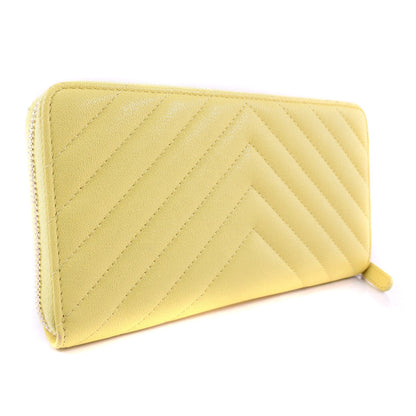 CHANEL Long Wallet Purse leather yellow 23rd generation Vstitch Zip Around Women Used