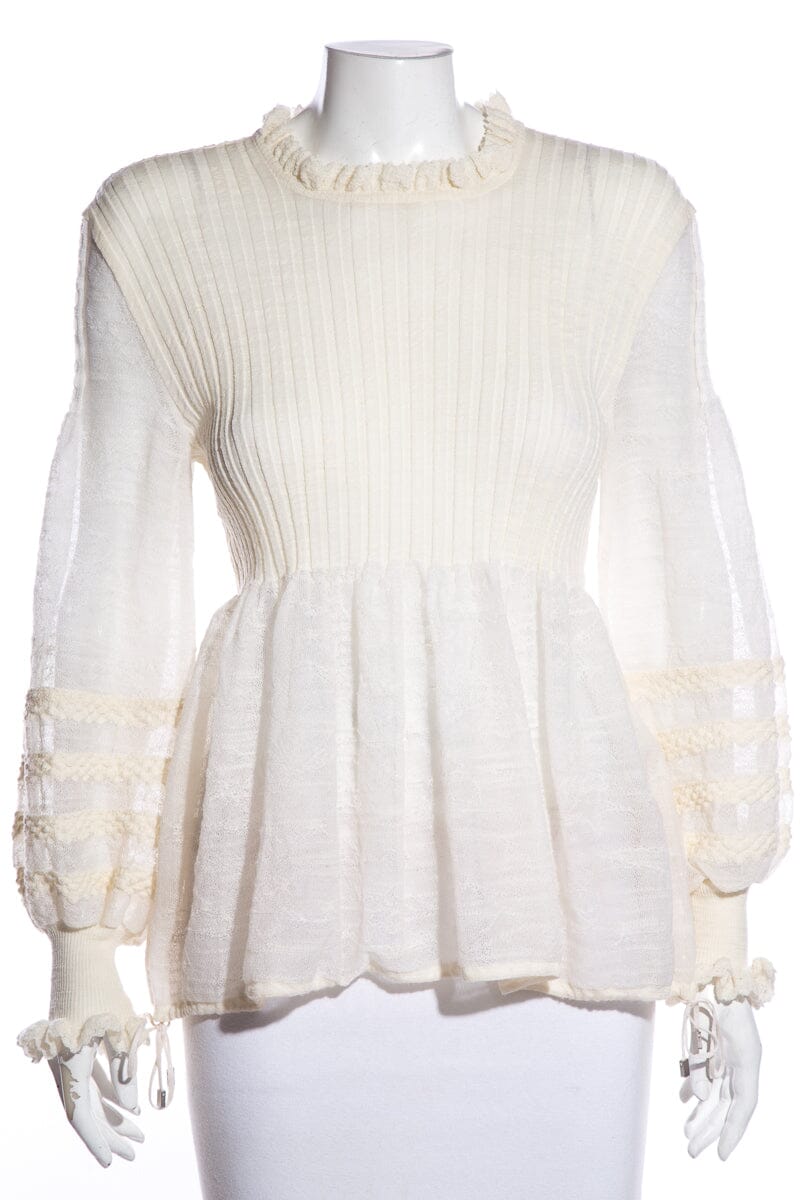 Chanel Ivory Lace Pattern Sleeves Ribbed Blouse SZ 42