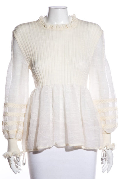 Chanel Ivory Lace Pattern Sleeves Ribbed Blouse SZ 42